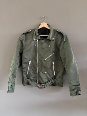 Vintage 90s Panno d’or Nylon Double Riders Biker Jacket Olive Green Made in USA